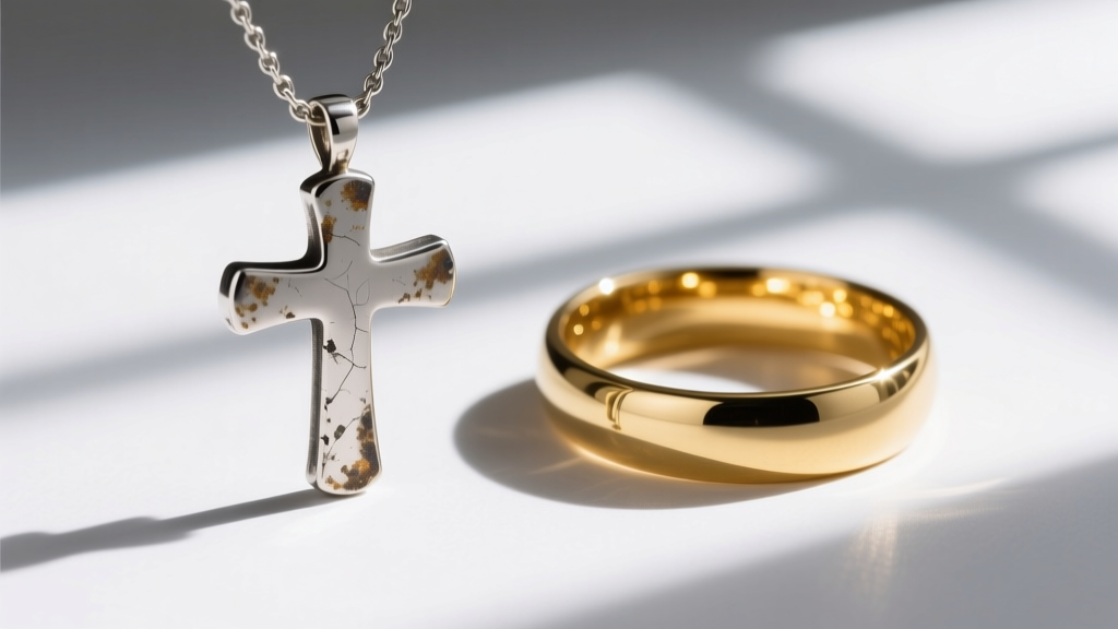 Macro photography comparing a tarnished sterling silver sideways cross necklace beside a bright, polished 18k gold vermeil piece.
