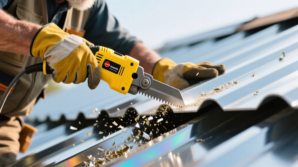 Close-up of a professional roofer using yellow electric nibblers to cut a ribbed Galvalume steel roof panel, with metal shavings falling away cleanly