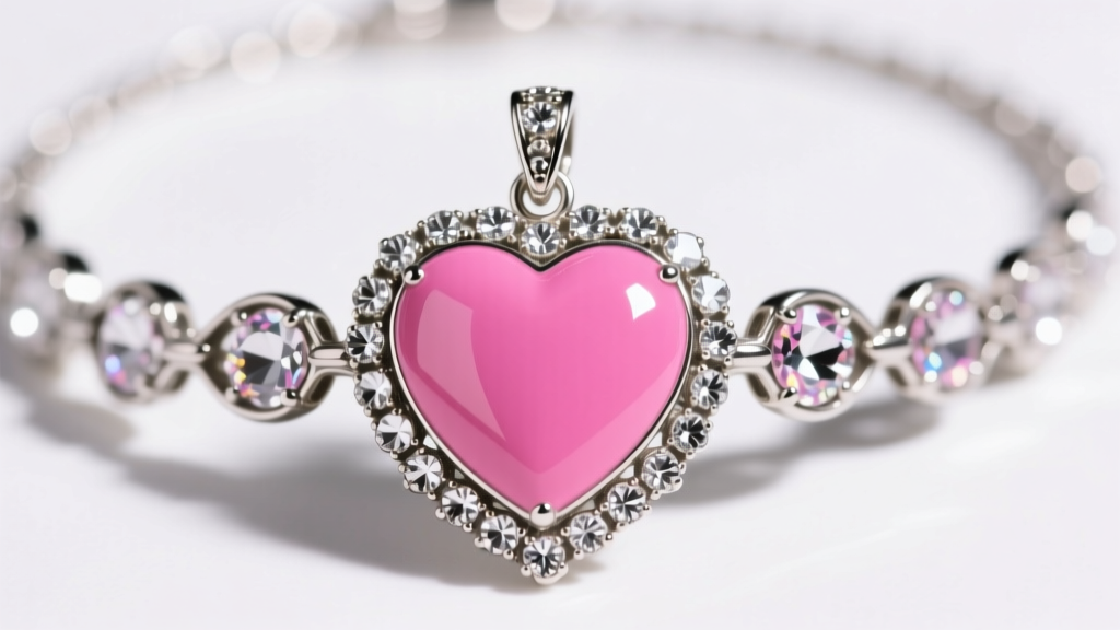 Close-up of a vintage 1990s Betsey Johnson silver-tone charm necklace featuring a large pink enameled heart and crystal accents