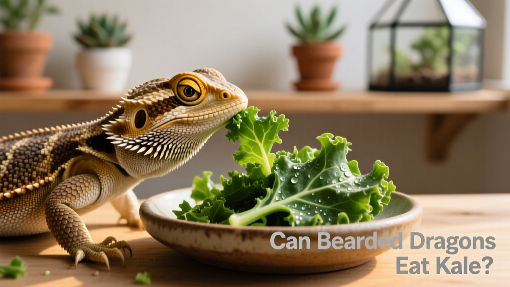 A bearded dragon eating fresh, chopped kale leaves from a shallow dish