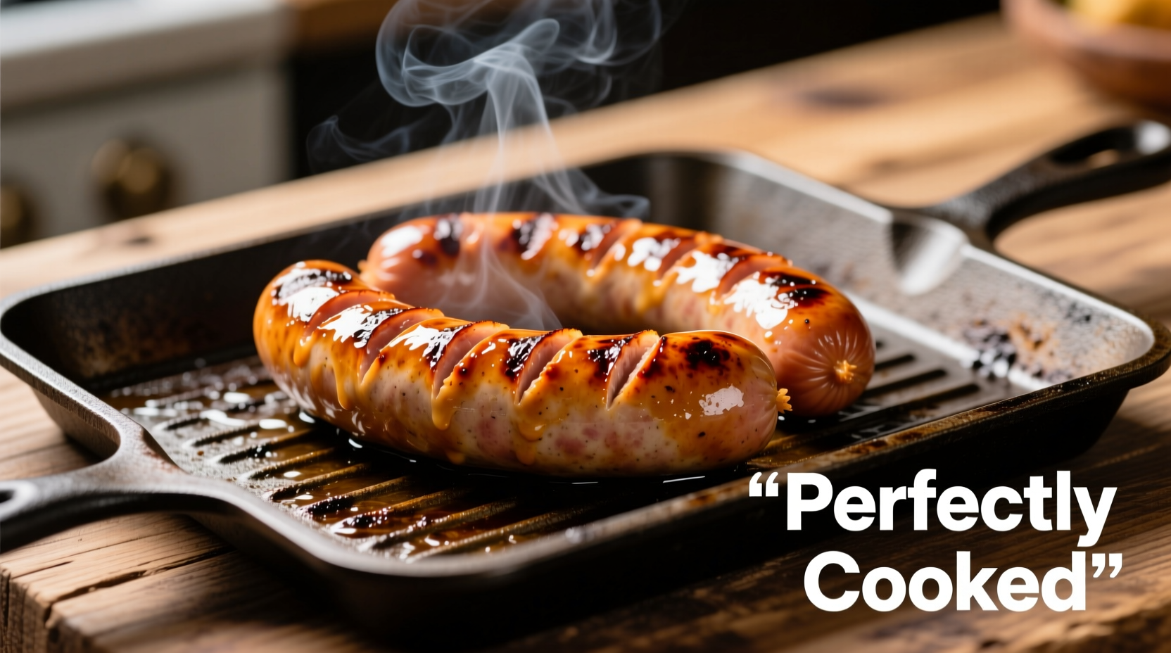 Perfectly cooked bratwurst on baking sheet