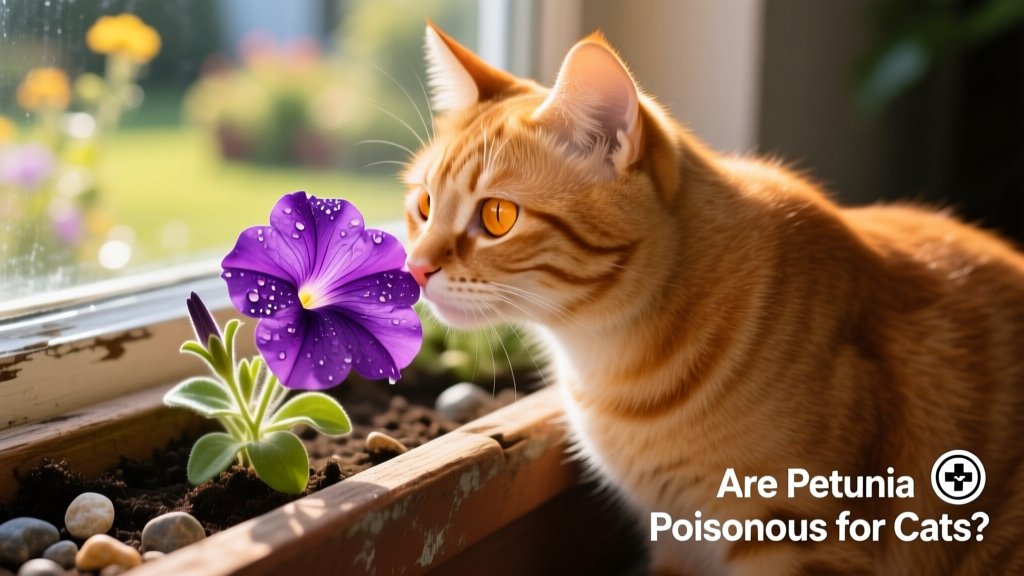 A ginger cat gently sniffing a vibrant purple petunia in a sunny windowsill planter