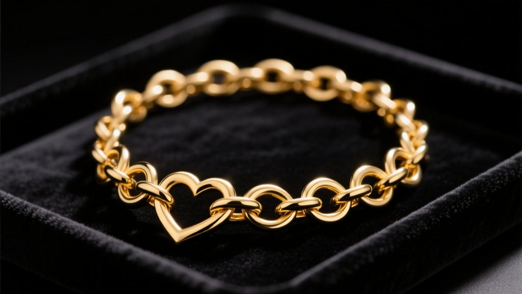Close-up of a tangled 18k gold heart link necklace on a dark velvet jewelry tray, illuminated by soft directional studio lighting