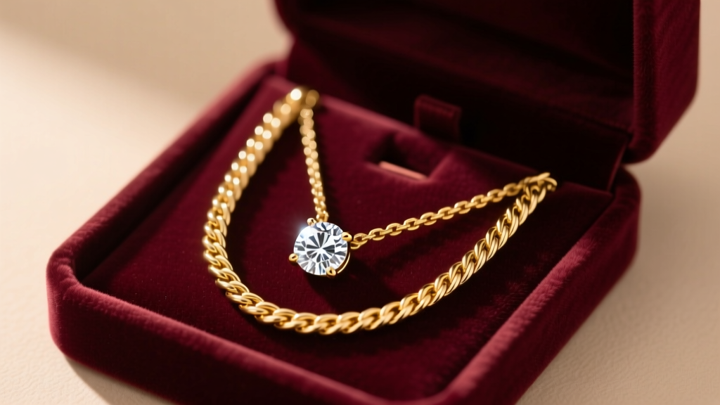 Open velvet box showing a 20-inch 18k gold rope chain with a round brilliant diamond solitaire pendant under soft warm spotlight