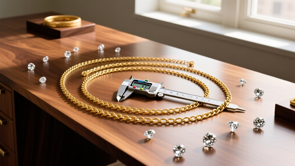 Wide shot of a polished wooden workbench displaying scattered 14k gold chains, loose diamonds, and a digital caliper.