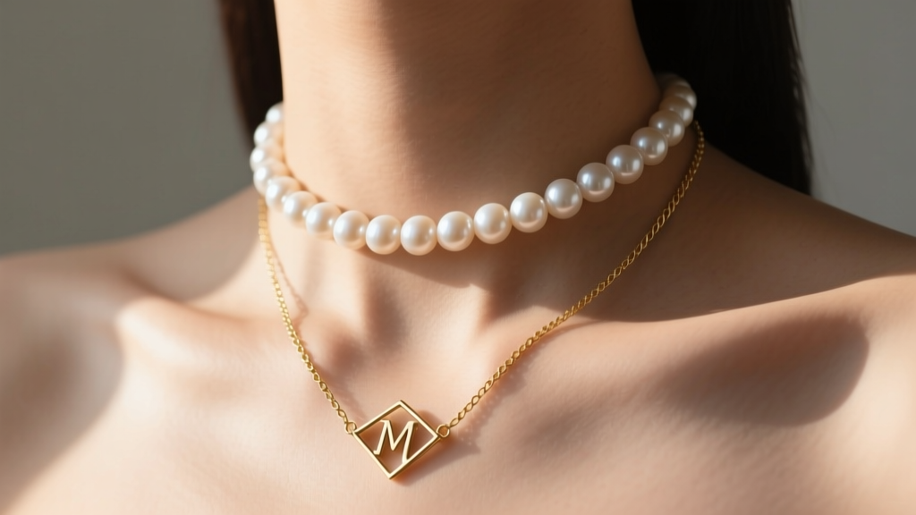 Neckline showcasing a layered setup with a minimalist wire name necklace, a pearl choker, and a delicate gold cable chain.
