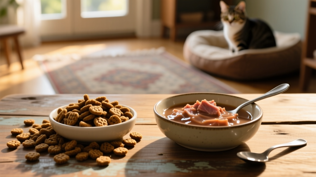 Side-by-side comparison of dry kibble and wet cat food in bowls, highlighting texture and moisture differences