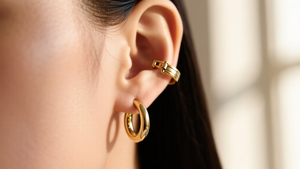 Earlobe wearing a lightweight 18k gold huggie earring, displaying the secure click-hinge against a softly blurred background.