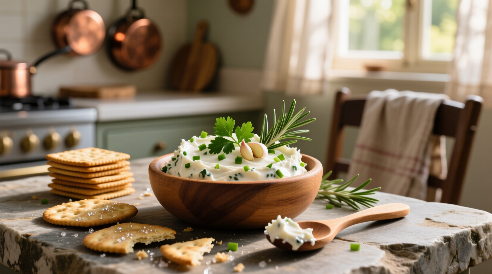 Homemade garlic herb cheese spread with fresh herbs and crackers
