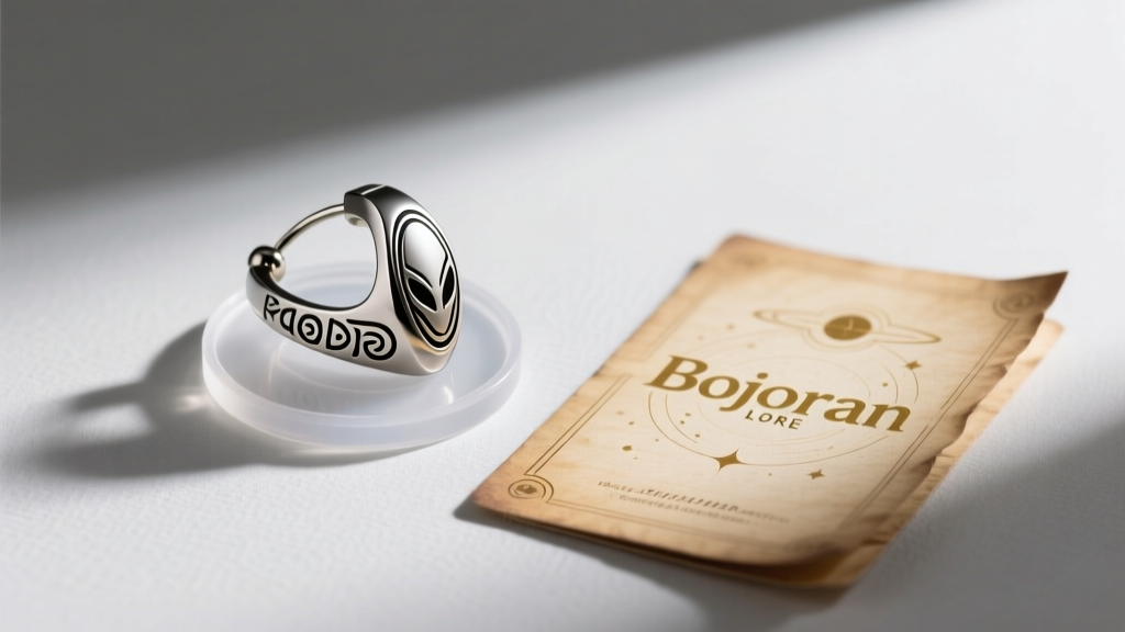 Flat-lay gift box featuring a high-end Bajoran earpiece, clear silicone earring support patches, and a vintage sci-fi lore card.