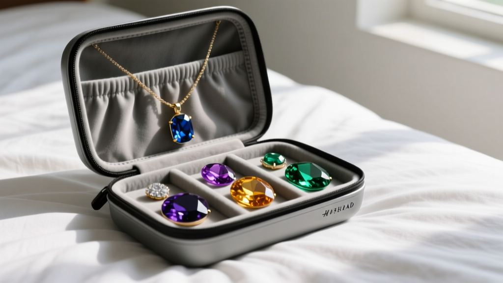 Hard-shell EVA travel necklace organizer open on bed, showing heavy gemstone pendants secured in padded velvet compartments
