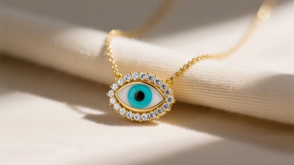 Flat lay of a gold vermeil evil eye necklace with turquoise center and cubic zirconia halo on beige linen cloth in natural light