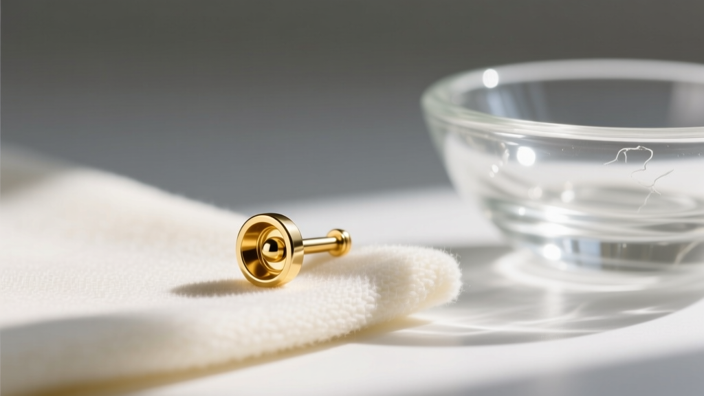 Macro photo of a 20-gauge 14k solid gold threadless flat back nose stud resting on a microfiber cloth next to a small glass bowl.