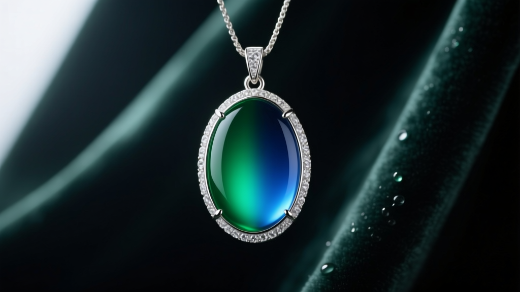 Macro shot of a mood pendant showing a split color gradient of emerald green and ocean blue against a dark velvet backdrop.