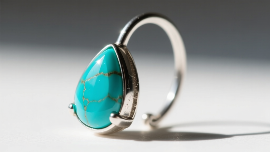 Close-up of a 16-gauge Argentium silver ear wire holding a polished Sleeping Beauty turquoise teardrop stone in warm sunlight