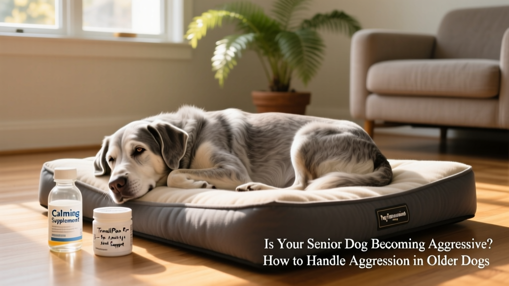 Senior dog comfortably resting on orthopedic bed with calming supplement bottle and vet-prescribed medication nearby, symbolizing holistic care approach
