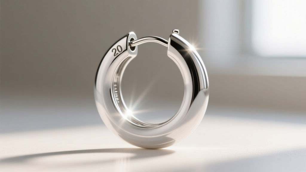 Macro shot of a 20-gauge silver hoop earring latch closure showing the clear e-coating polymer layer reflecting a soft light ring.