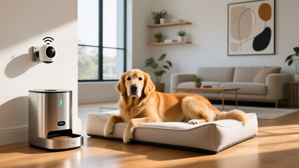 Sleek smart pet feeder and 360-degree pet camera next to a golden retriever resting on a modern orthopedic dog bed in a sunlit living room