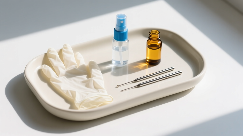 Top-down view of a ceramic tray holding nitrile gloves, sterile saline spray, jojoba oil, and steel jewelry tapers.