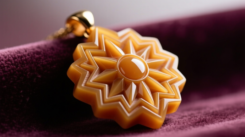 Macro shot of carved butterscotch Bakelite Art Deco pendant on velvet showing amber translucency and hand-carved geometric lines.