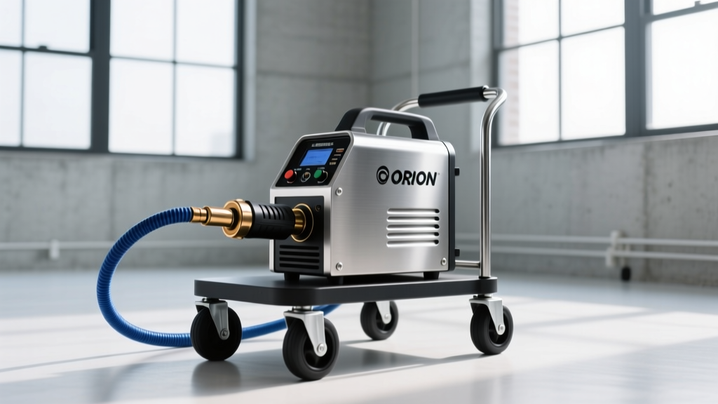 Side profile of an Orion micro welder with an argon gas hose attached, sitting on a mobile pop-up cart in a bright Boston studio