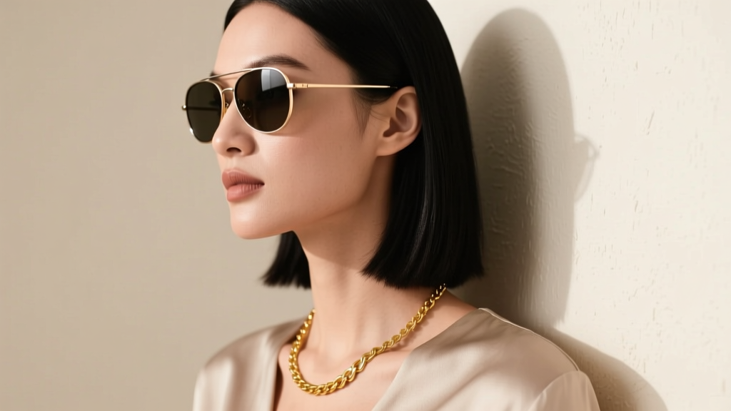 Side profile of a model wearing aviator glasses with a 24-inch gold pendant necklace gracefully clearing the bottom frame rim.