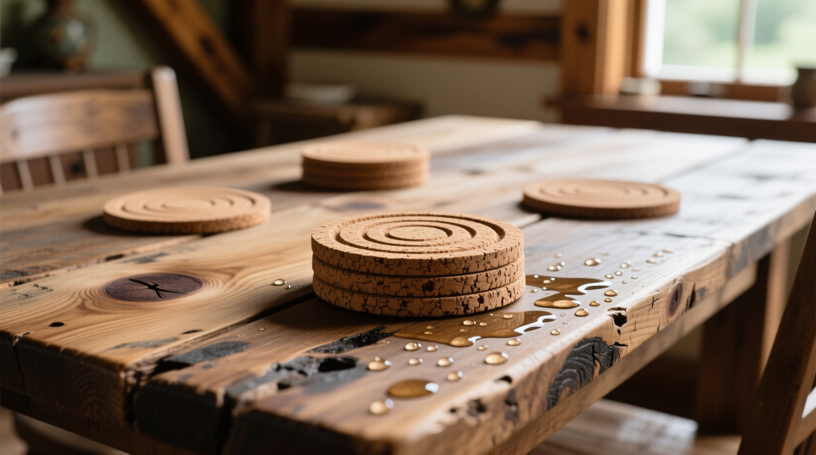 cork coasters reclaimed wood tables