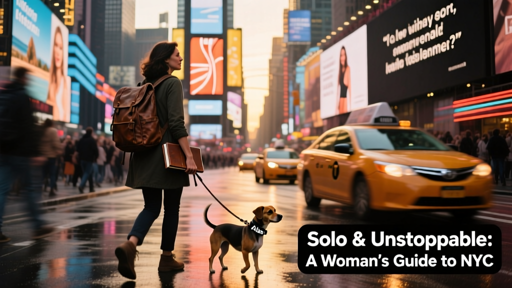 A solo traveler exploring Times Square at dusk, surrounded by vibrant billboards and bustling energy