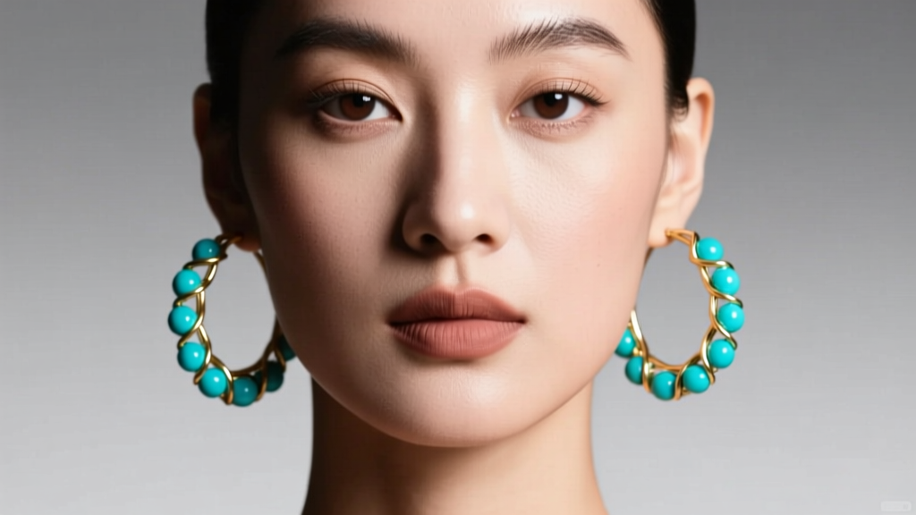 Close-up of a woman wearing medium gold wire hoop earrings wrapped with vibrant turquoise beads, illuminated by soft studio lighting