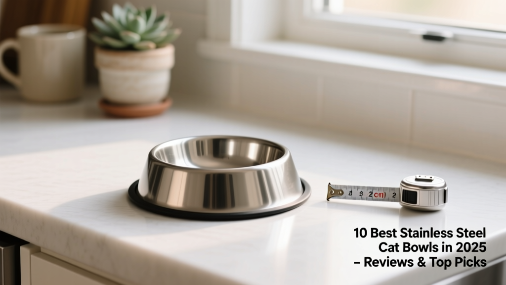 Close-up of a sleek, modern stainless steel cat bowl on a clean kitchen counter, next to a small measuring tape showing its shallow depth