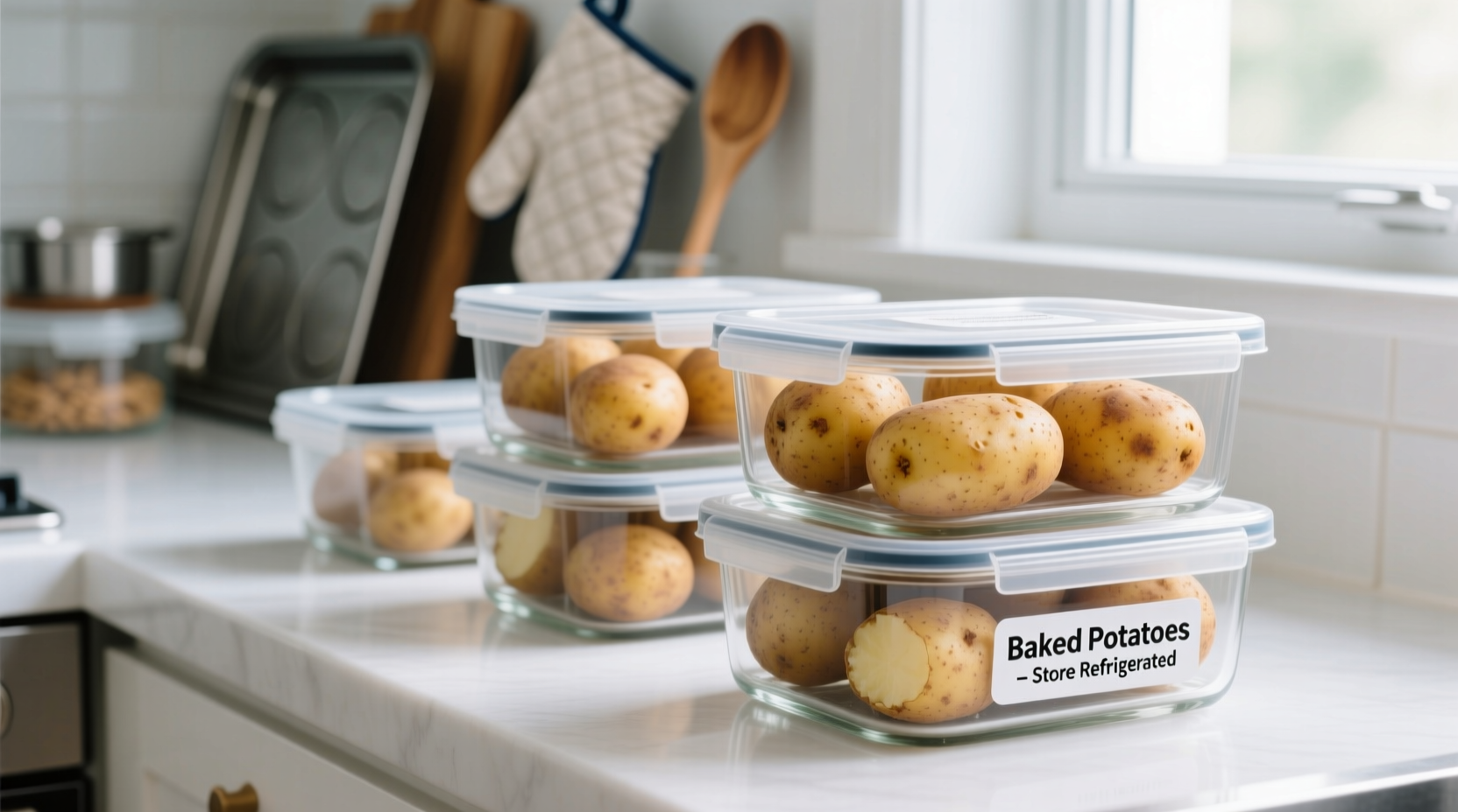 Properly stored baked potatoes in glass containers