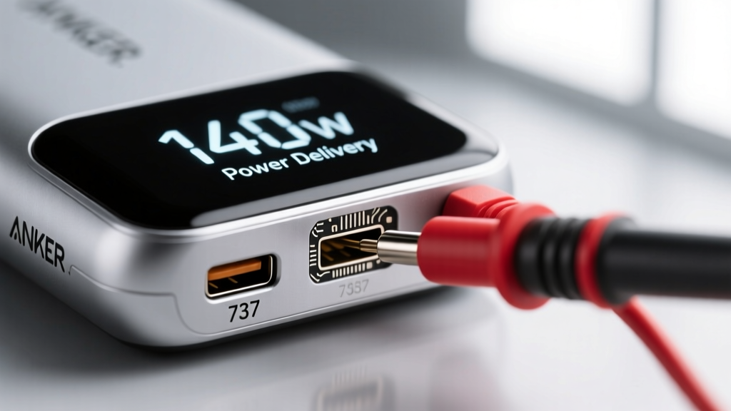 Close-up of a multimeter probing the USB-C output pins of an Anker 737 power bank displaying 140W Power Delivery on a digital screen