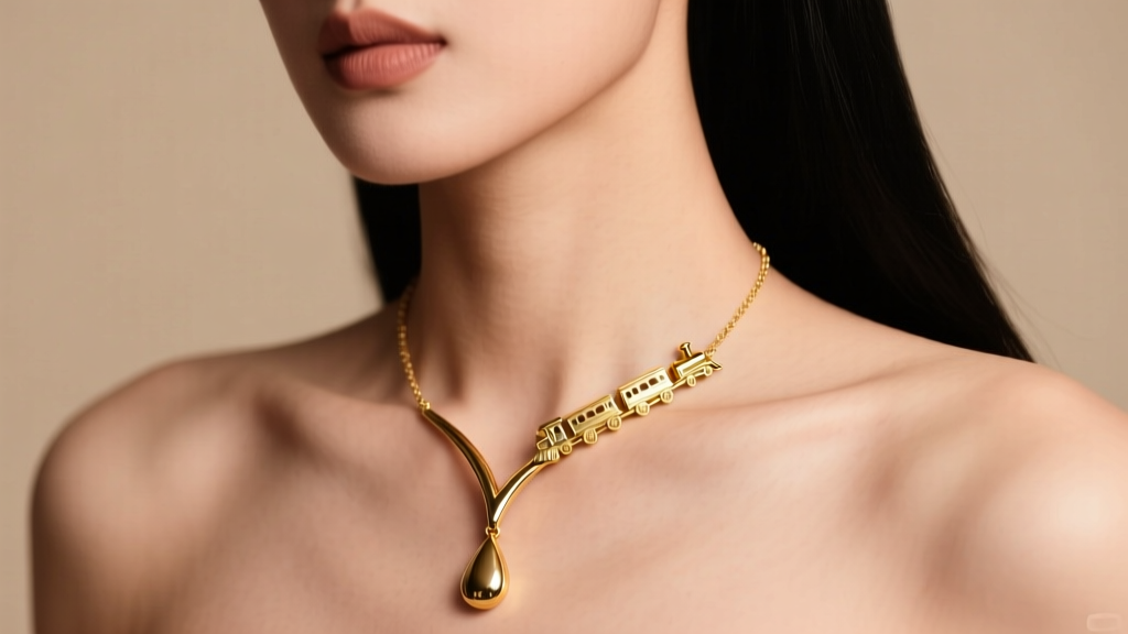 A 14k gold Y-style train necklace with a cascading drop resting on a collarbone, captured in warm studio lighting