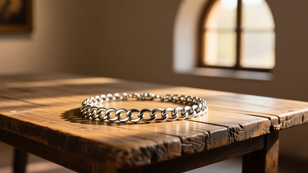 Vintage Taxco 950 silver chain necklace on a rustic wood table, lit by warm natural sunlight streaming from a window