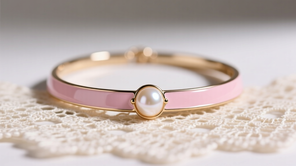 Macro shot of pastel pink enamel and freshwater pearl choker resting on vintage lace fabric under soft, diffused studio lighting