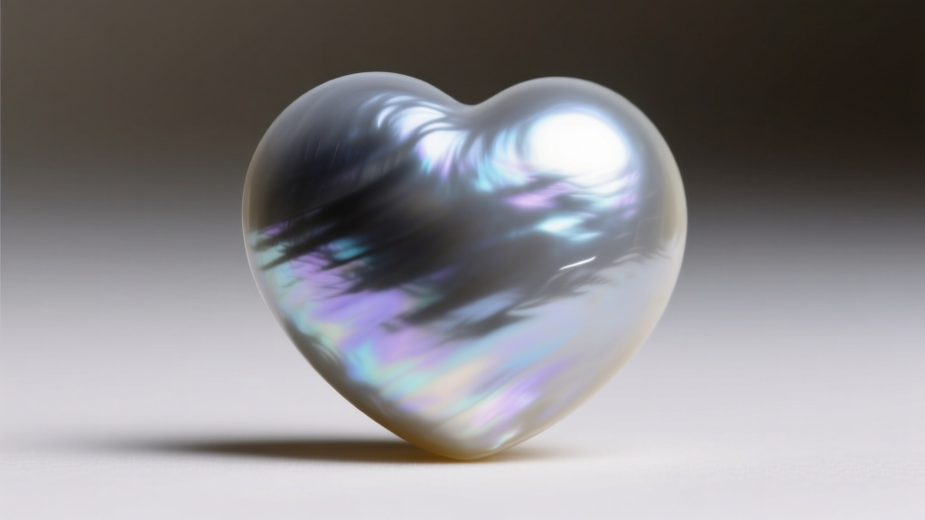 Close-up side profile of a Tahitian Mabe heart shaped pearl showing the flat backing and curved iridescent grey nacre dome.