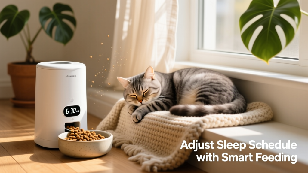 A timed automatic feeder dispensing kibble into a bowl beside a sleeping cat