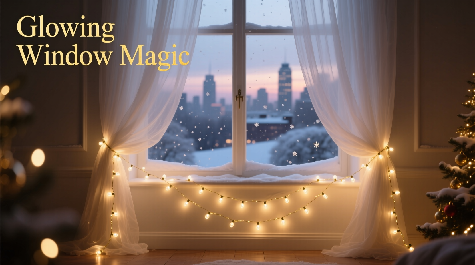 how to layer christmas lights under sheer curtains for a glowing window effect