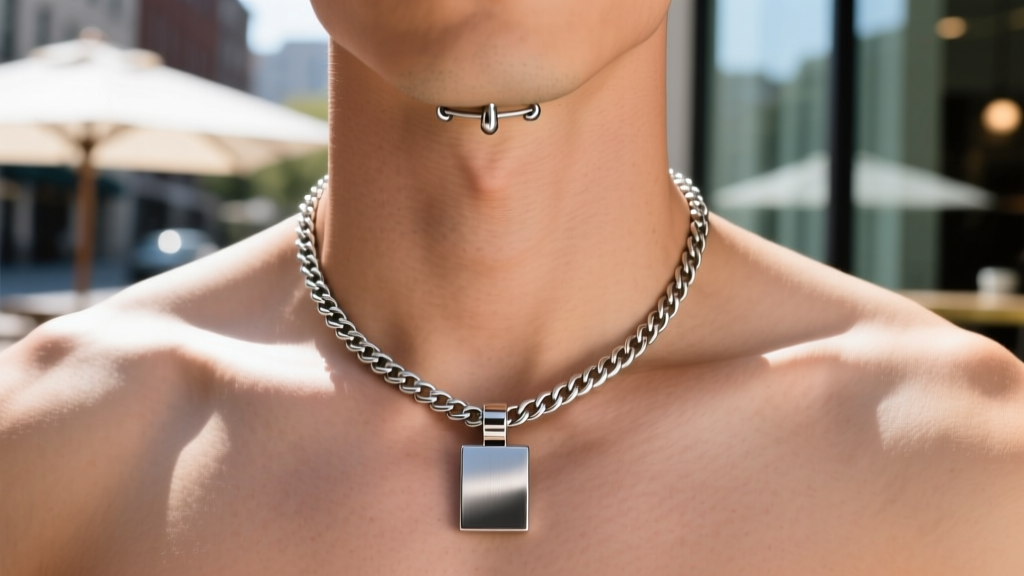 Close-up of a male neck wearing a 14-gauge stainless steel figaro chain with a brushed titanium pendant under natural daylight