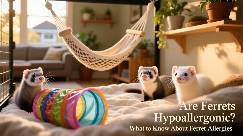 Neatly organized ferret enclosure with clean bedding, a hanging hammock, and a crinkle tunnel