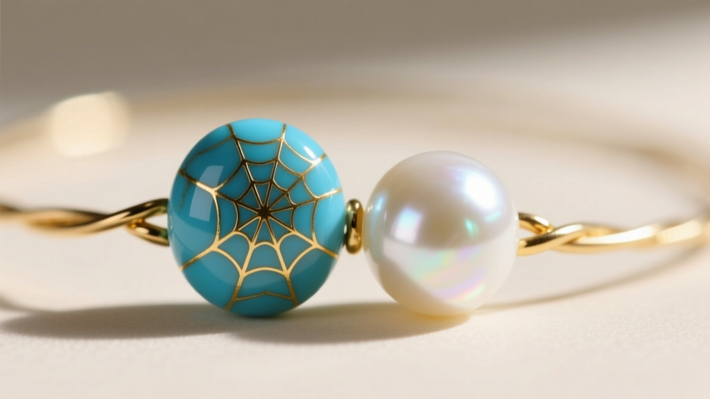 Macro photography of a stabilized Kingman turquoise cabochon bead adjacent to a high-luster white Akoya pearl on a gold wire.
