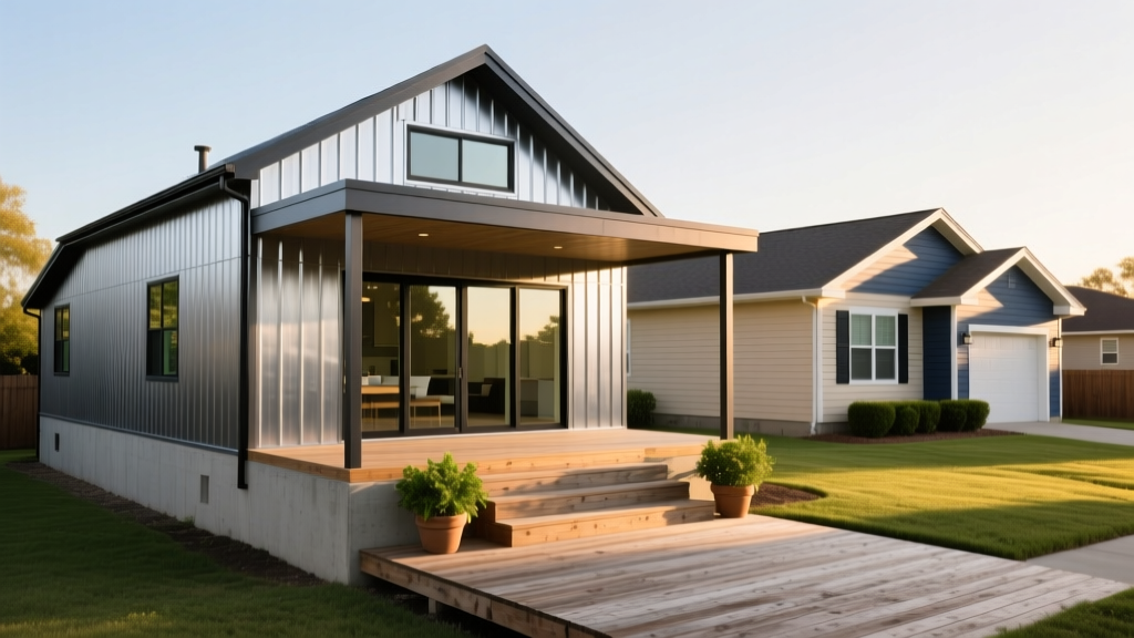 Steel-framed barndominium with a wrap-around porch contrasted against a traditional vinyl-sided suburban home on a concrete slab foundation.