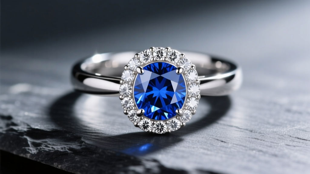 Close-up of a platinum ring with a vibrant cornflower blue Ceylon sapphire and diamond halo, resting on dark slate.