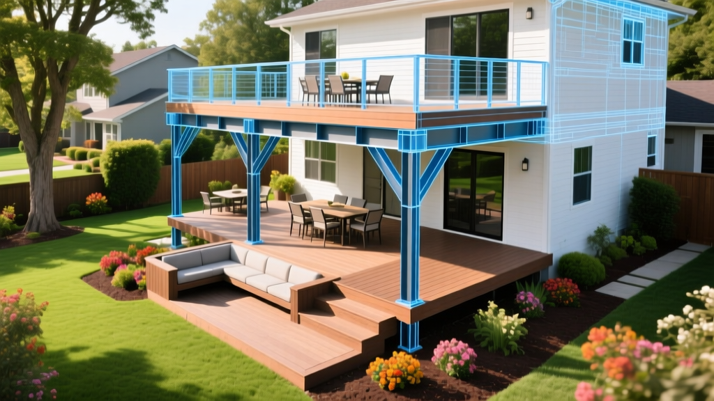 Blueprint of a multi-level composite deck with steel framing overlaid on a lush suburban backyard with cost callouts