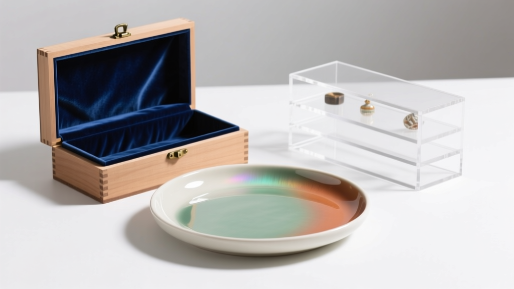Glazed ceramic tray beside a velvet-lined MDF wood box and clear acrylic organizer, shown under bright, even studio lighting.
