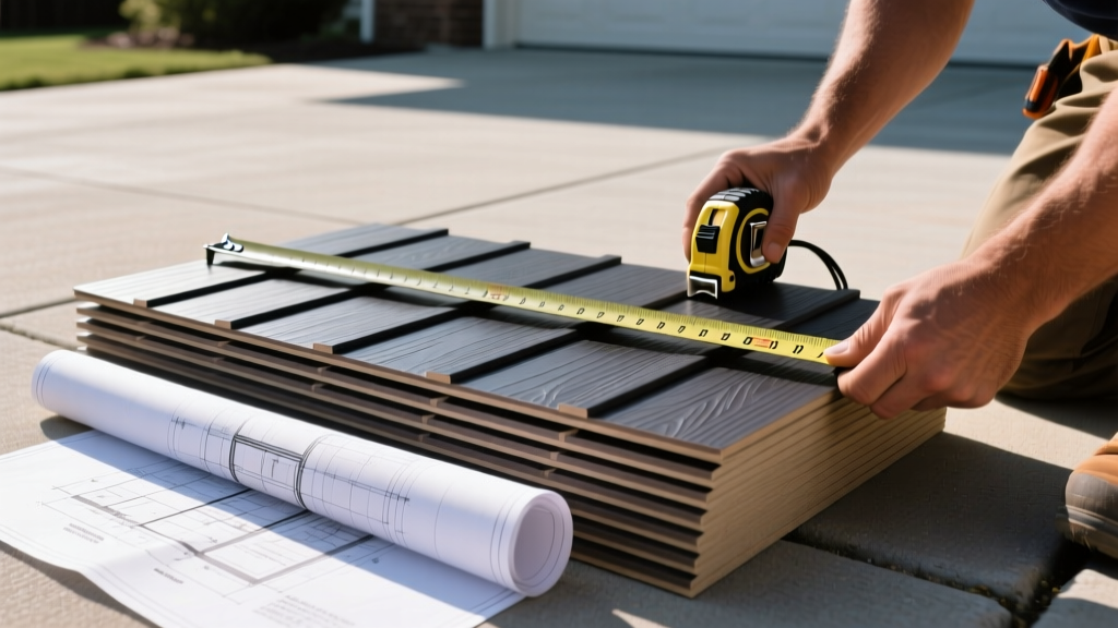 Close-up of a contractor measuring thick insulated vinyl siding panels stacked on a residential driveway with a tape measure and blueprint