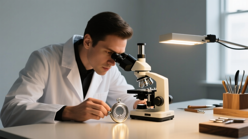 Jeweler using a microscope to inspect a tiny platinum hinge on a secret locket ring under bright LED lighting at a workbench