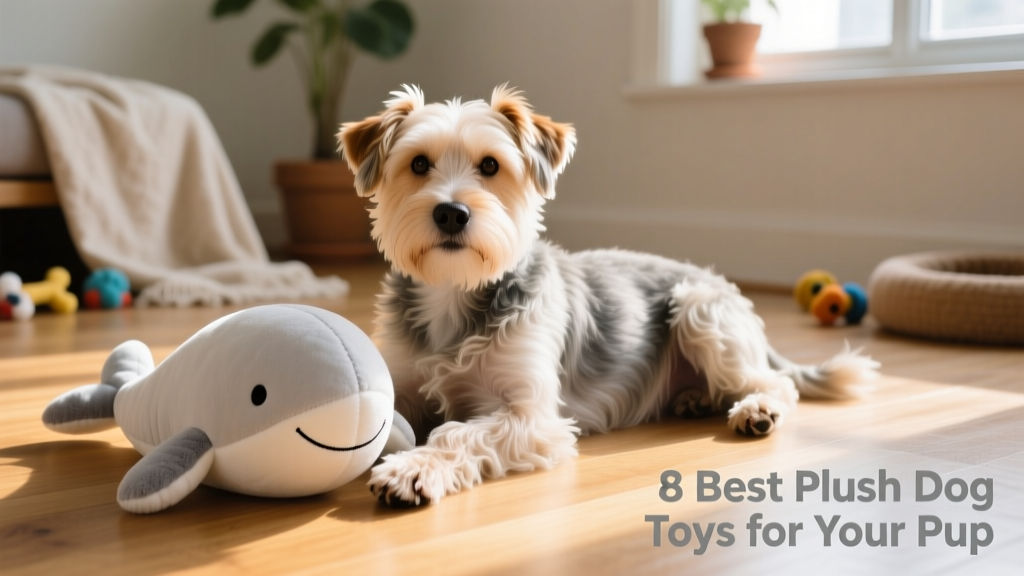 A calm terrier resting with a silent whale plush toy tucked beside its paw