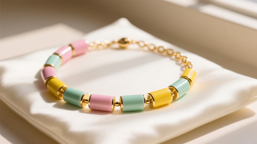 Vibrant smarties necklace with cylindrical vitreous enamel beads in pastel pink, mint green, and yellow on a delicate gold chain