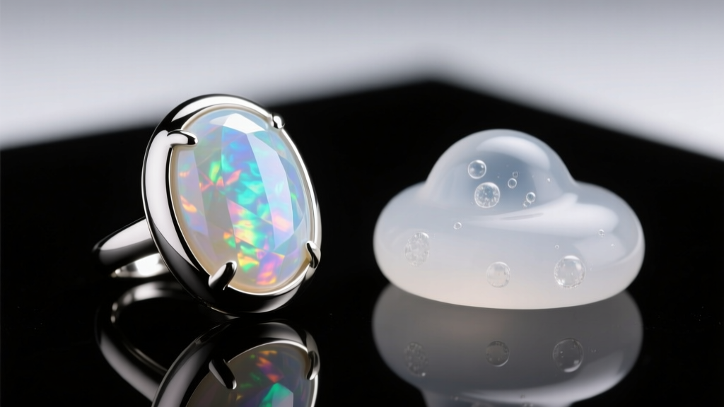 Macro shot of a glass opalite cabochon in a silver bezel beside a cloudy resin imitation under bright studio jewelry lighting.